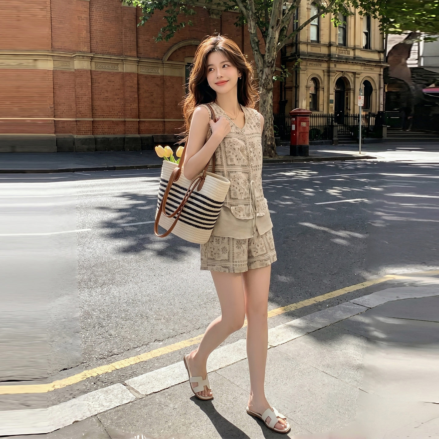 卡其色复古优雅气质套装女2026新款法式小个子印花马甲短裤两件套