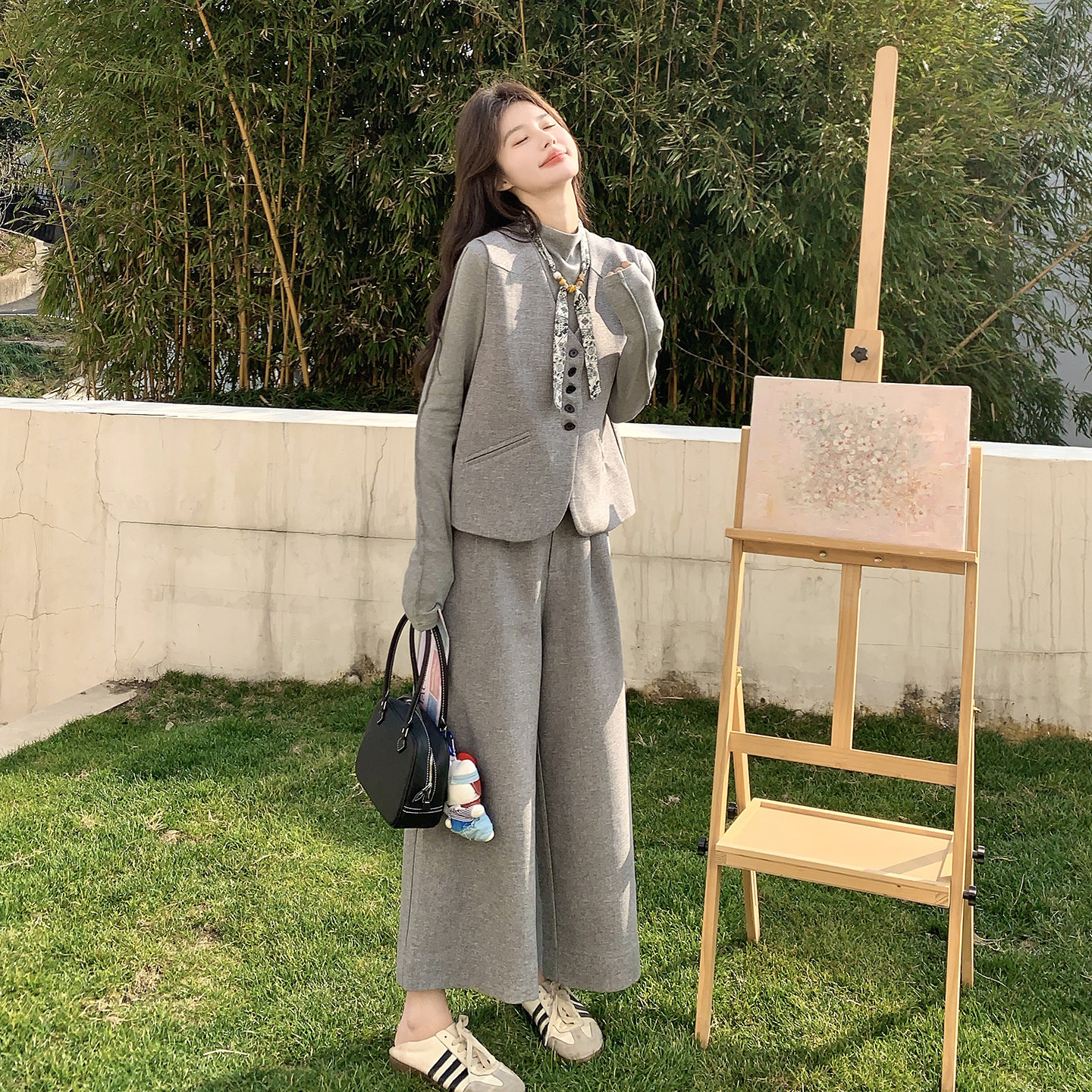 灰色高级感老钱风三件套女2026春新款时尚简约马甲内搭阔腿裤套装