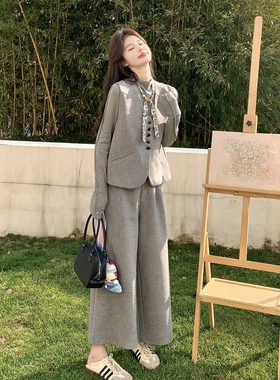灰色高级感老钱风三件套女2026春新款时尚简约马甲内搭阔腿裤套装