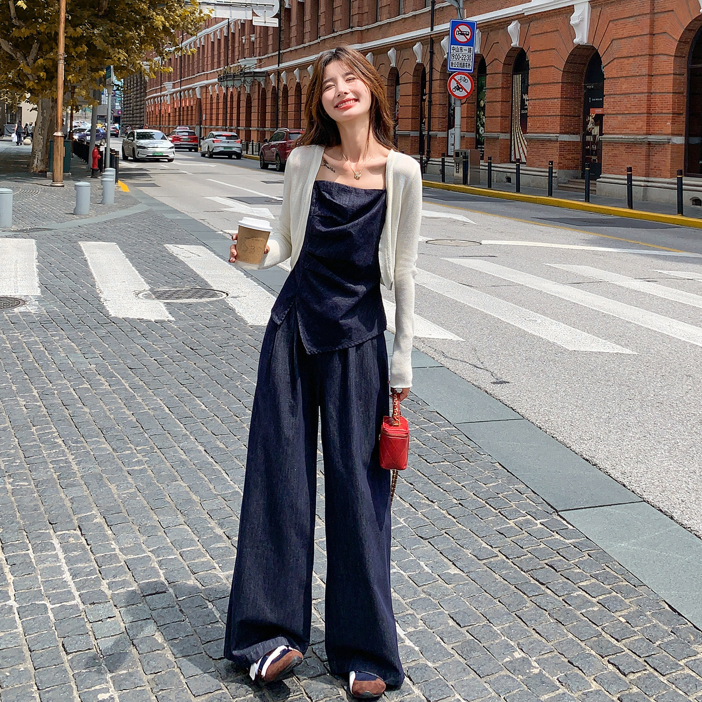 一整套ootd穿搭休闲套装女2026春韩系针织开衫小吊带阔腿裤三件套