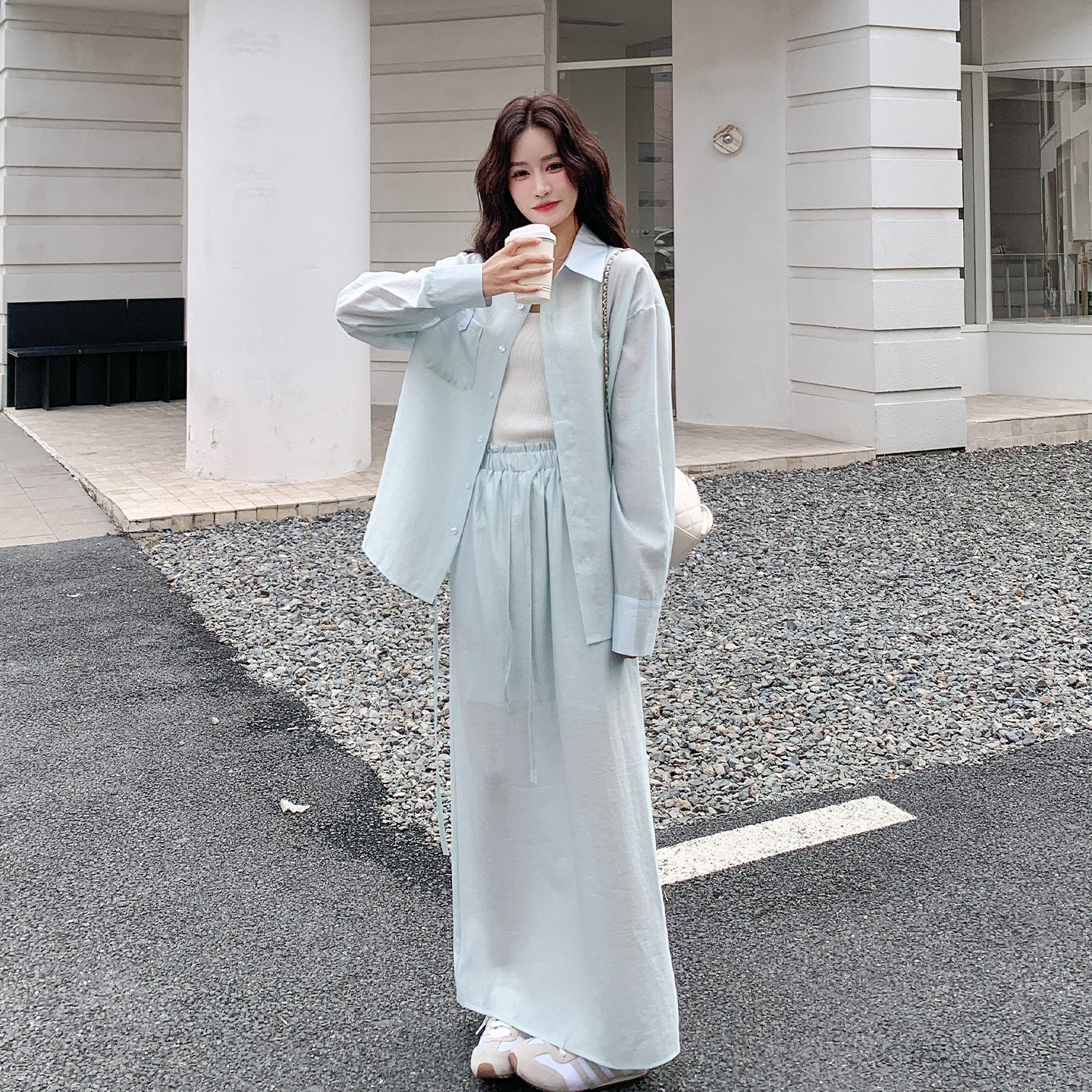 夏日慵懒松弛感穿搭套装女2026新款收腰长袖衬衫高腰半身裙两件套