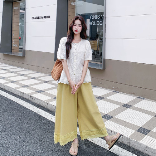 夏季刺绣衬衫阔腿裤两件套女