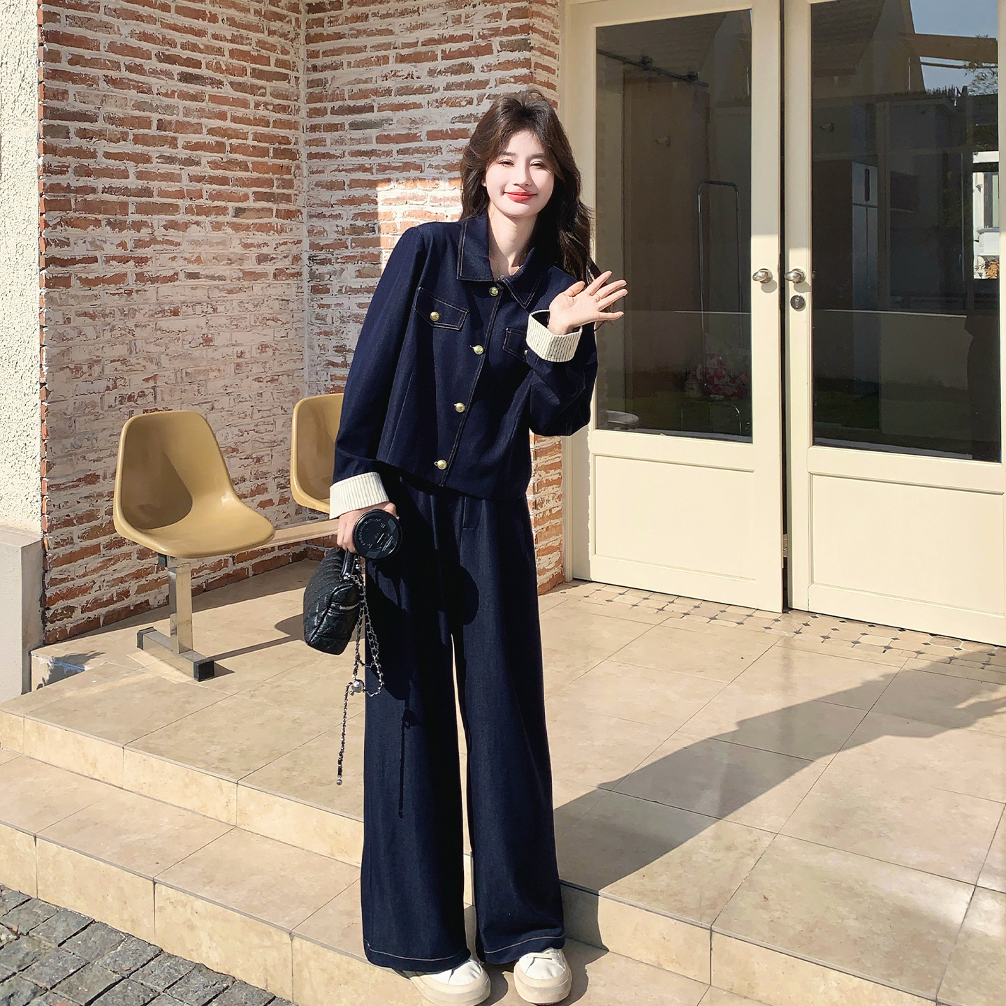 藏青色港风复古休闲牛仔套装女2026春季新款翻领上衣阔腿裤两件套