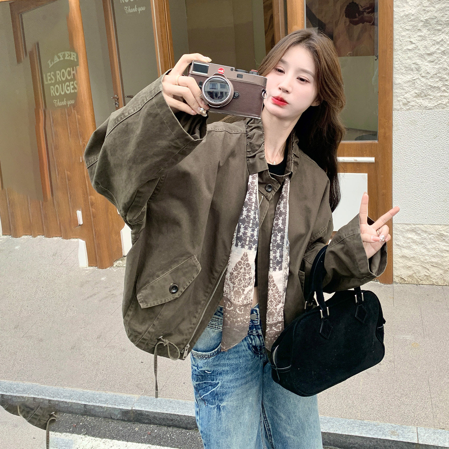 休闲风军绿色短款外套女宽松立领