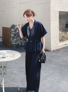 蓝色港风复古高级感牛仔套装女2026夏季新款收腰上衣阔腿裤两件套