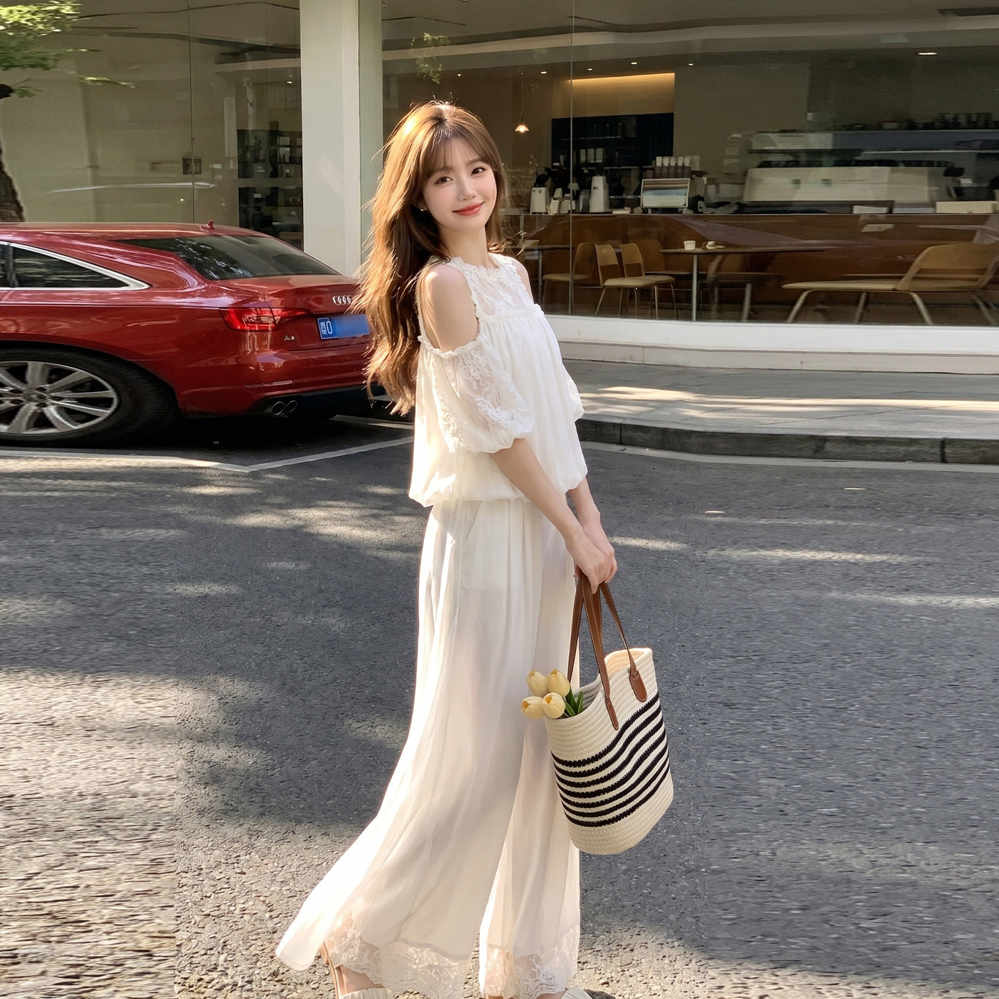 夏季女装露肩上衣阔腿裤两件套