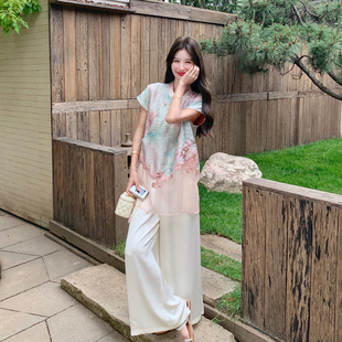 新中式国风俏皮少女感套装2026新款拼接晕染盘扣上衣阔腿裤两件套