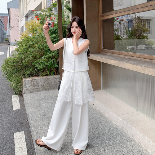 夏季蕾丝拼接无袖马甲阔腿裤套装