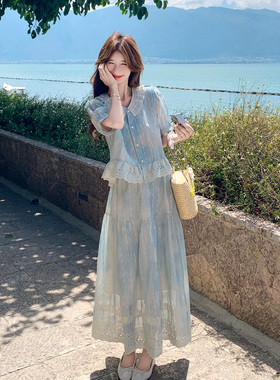 浅蓝色森系少女感套装2026初夏新款晕染蕾丝花边上衣半身裙两件套