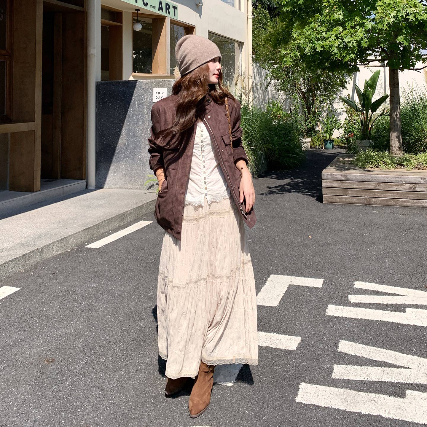 咖色复古减龄松弛感抽绳外套女2026秋季新款韩系酷飒风麂皮绒夹克