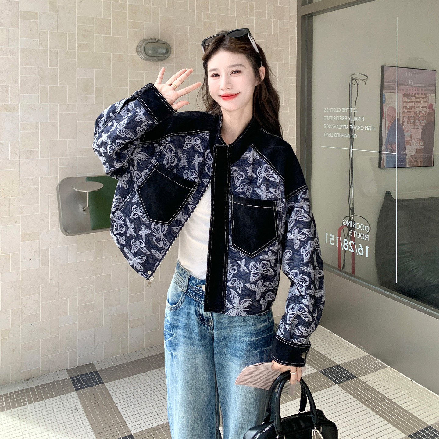 时尚印花短外套女百搭减龄宽松