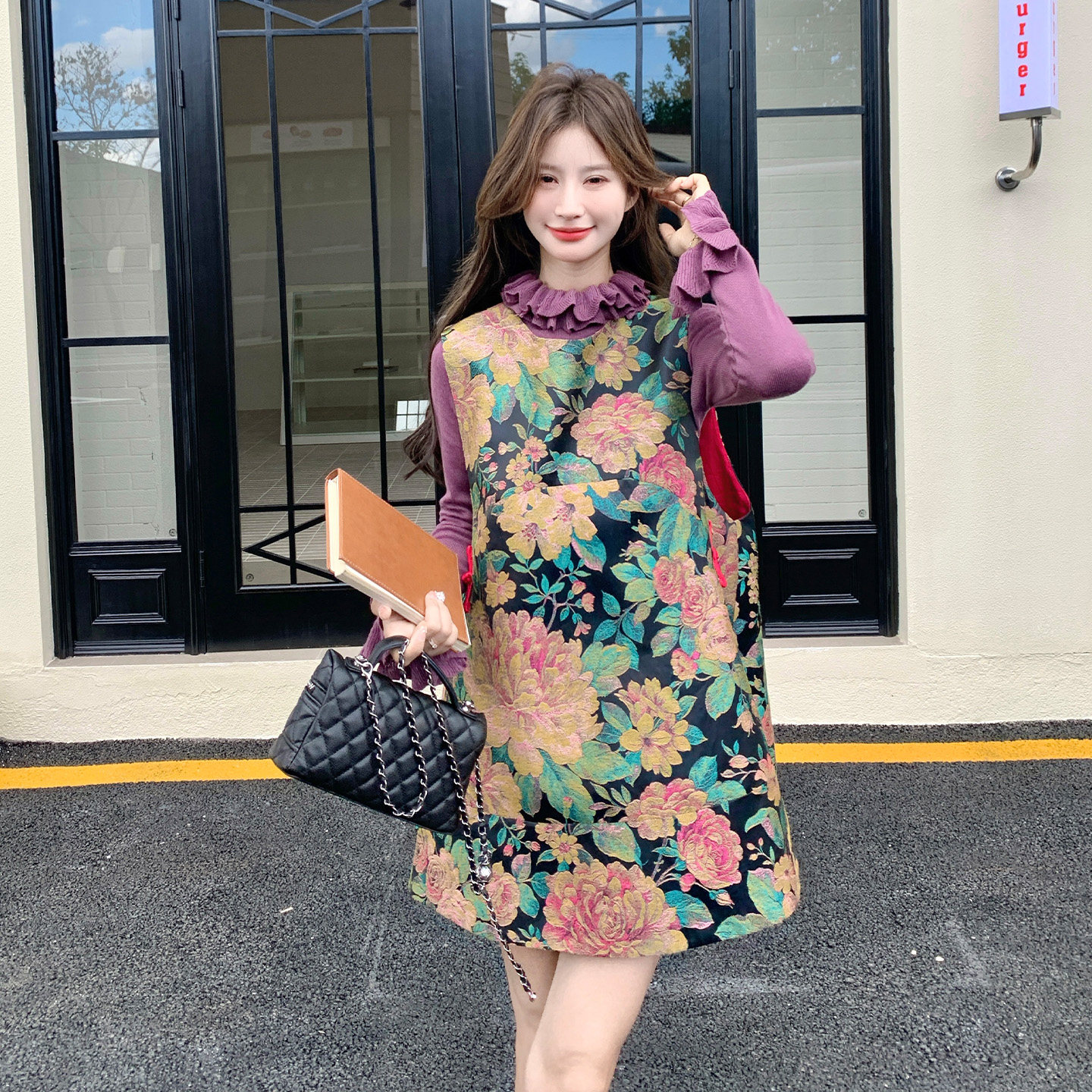 秋季女减龄紫色针织T恤两件套