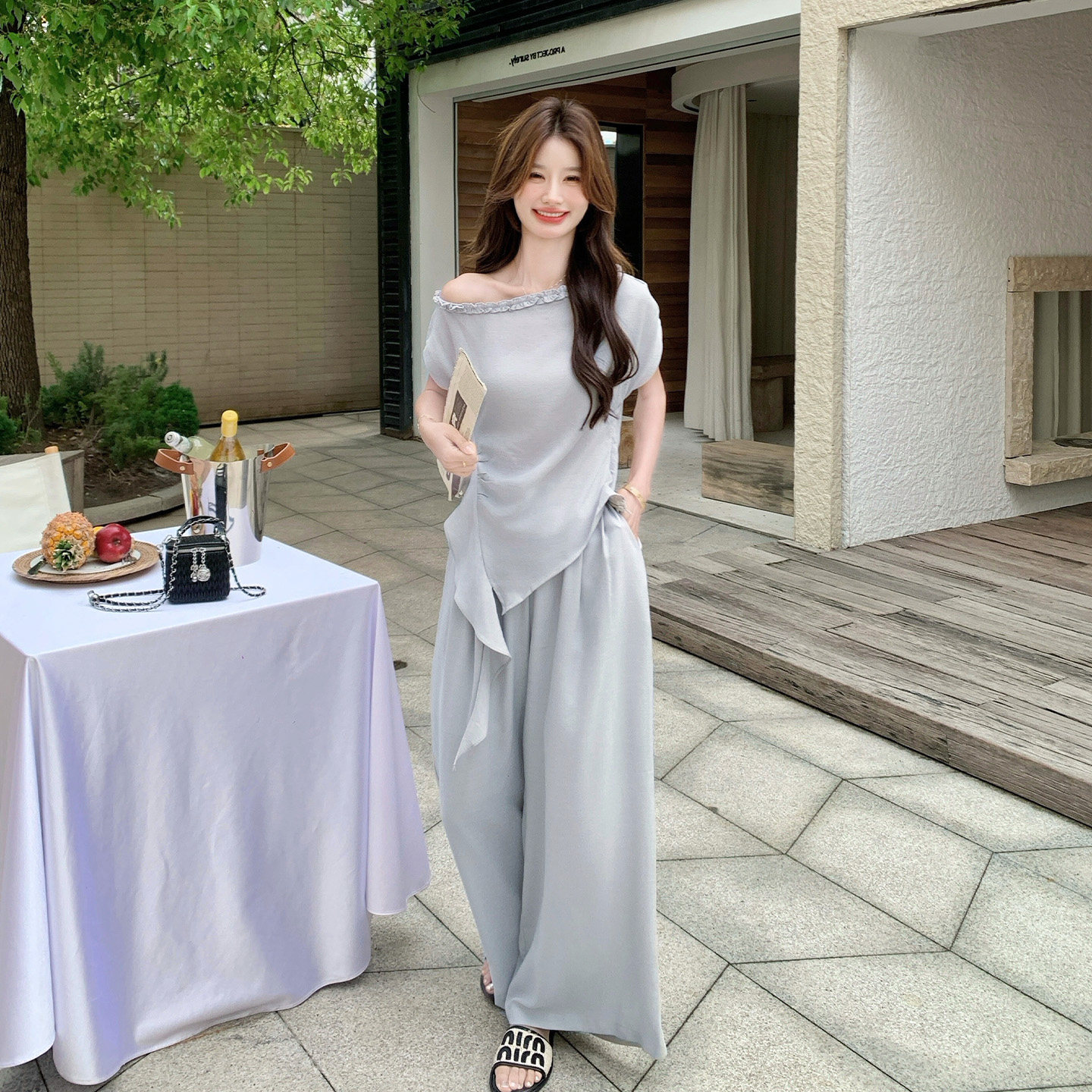 上衣阔腿裤女夏显瘦气质两件套