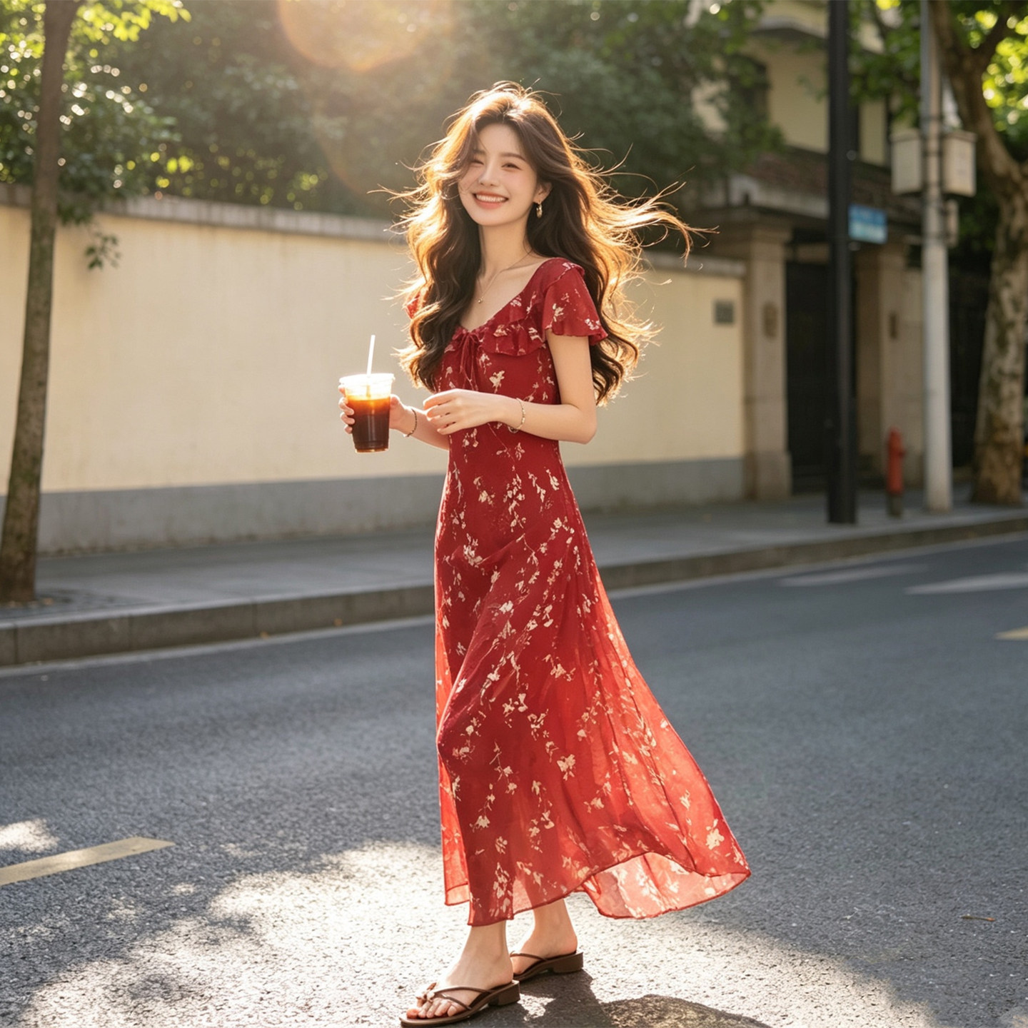 优雅复古御姐风荷叶边V领连衣裙女2026新款夏日绝美度假风碎花裙