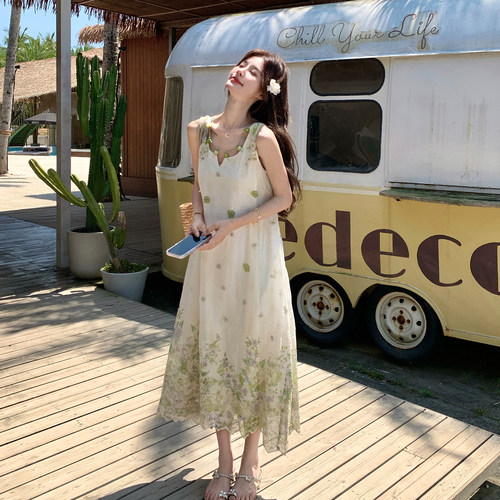 夏法式度假碎花吊带A字连衣裙