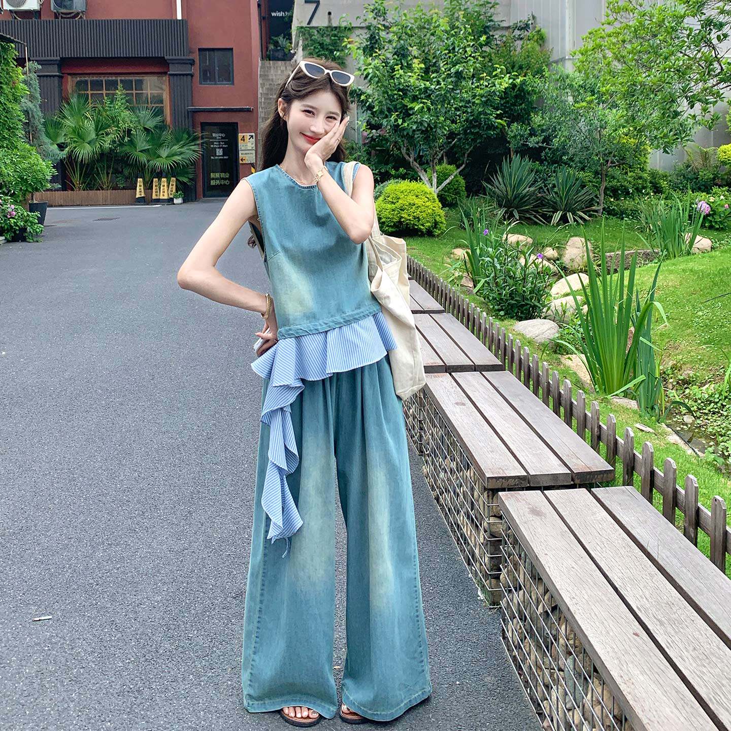 韩版清纯文艺少女感牛仔套装夏日格纹飘带拼接背心长裤两件套2026