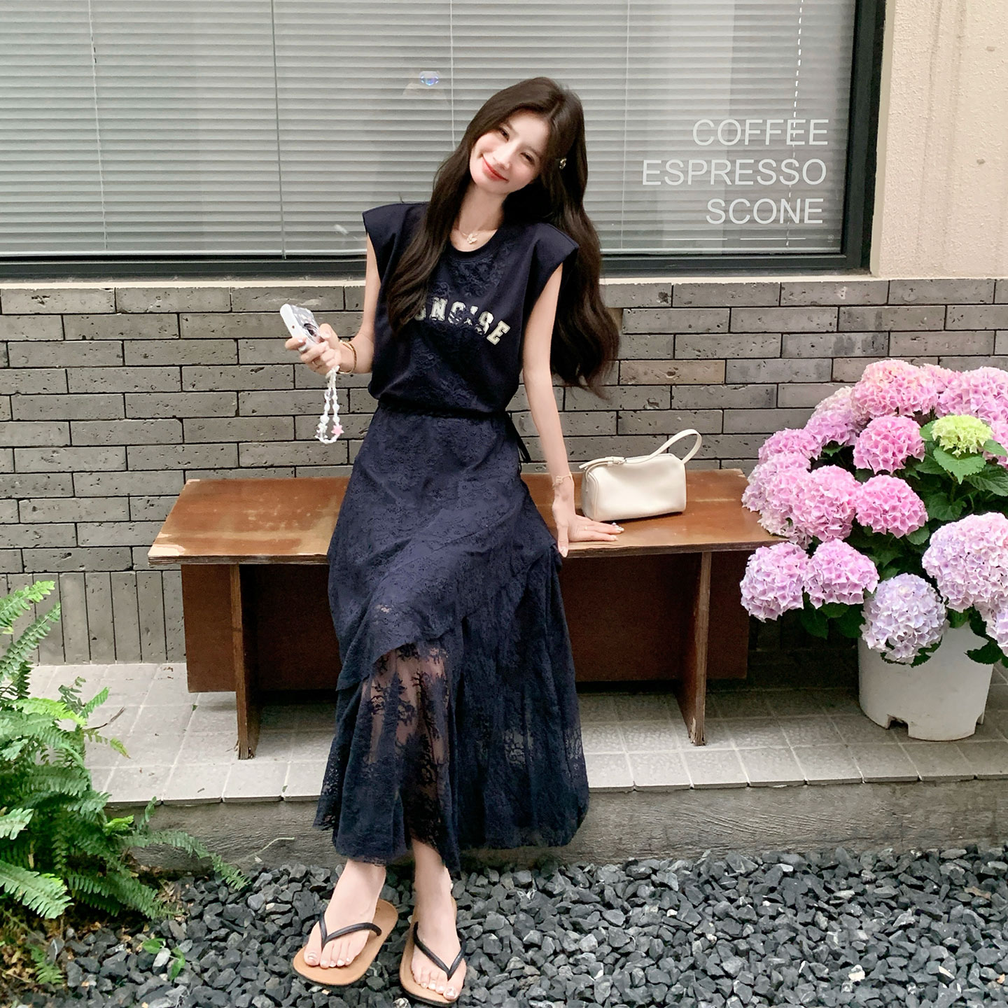 藏蓝色韩式甜酷风印花T恤裙套装女2026夏季新款蕾丝半身裙两件套