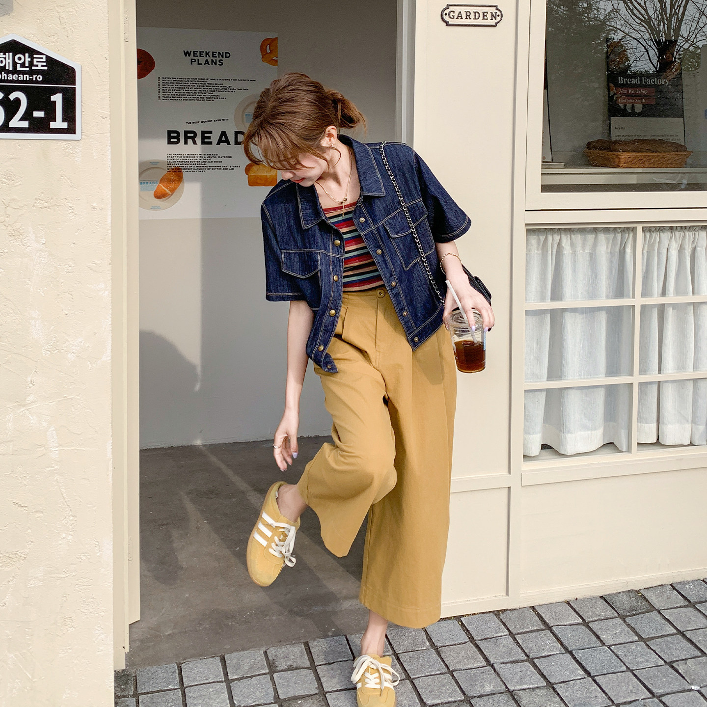 复古慵懒风通勤套装女2026夏季新款牛仔短袖上衣吊带阔腿裤三件套