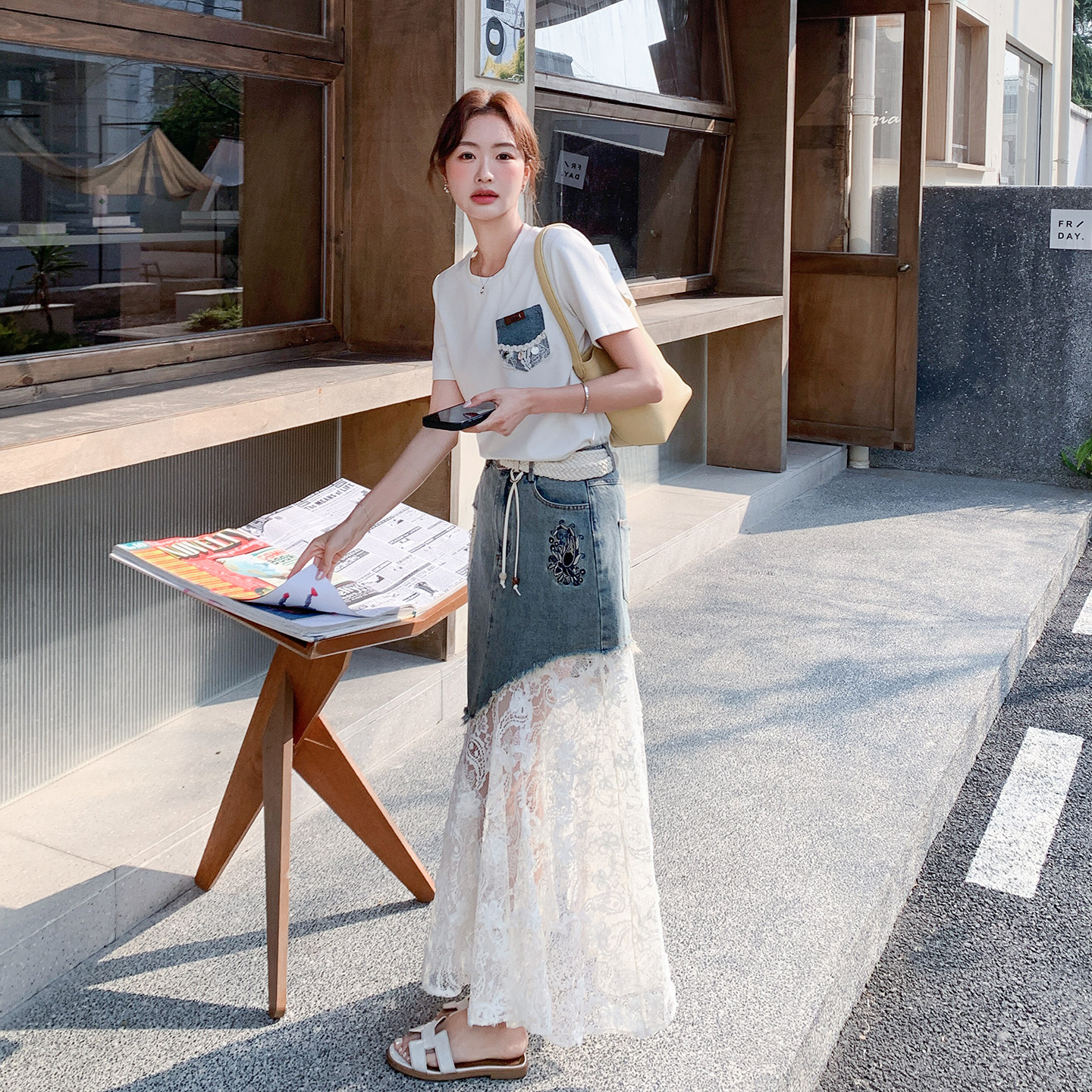 韩版甜酷辣妹风蕾丝拼接牛仔半身裙套装女夏日休闲T恤两件套2026