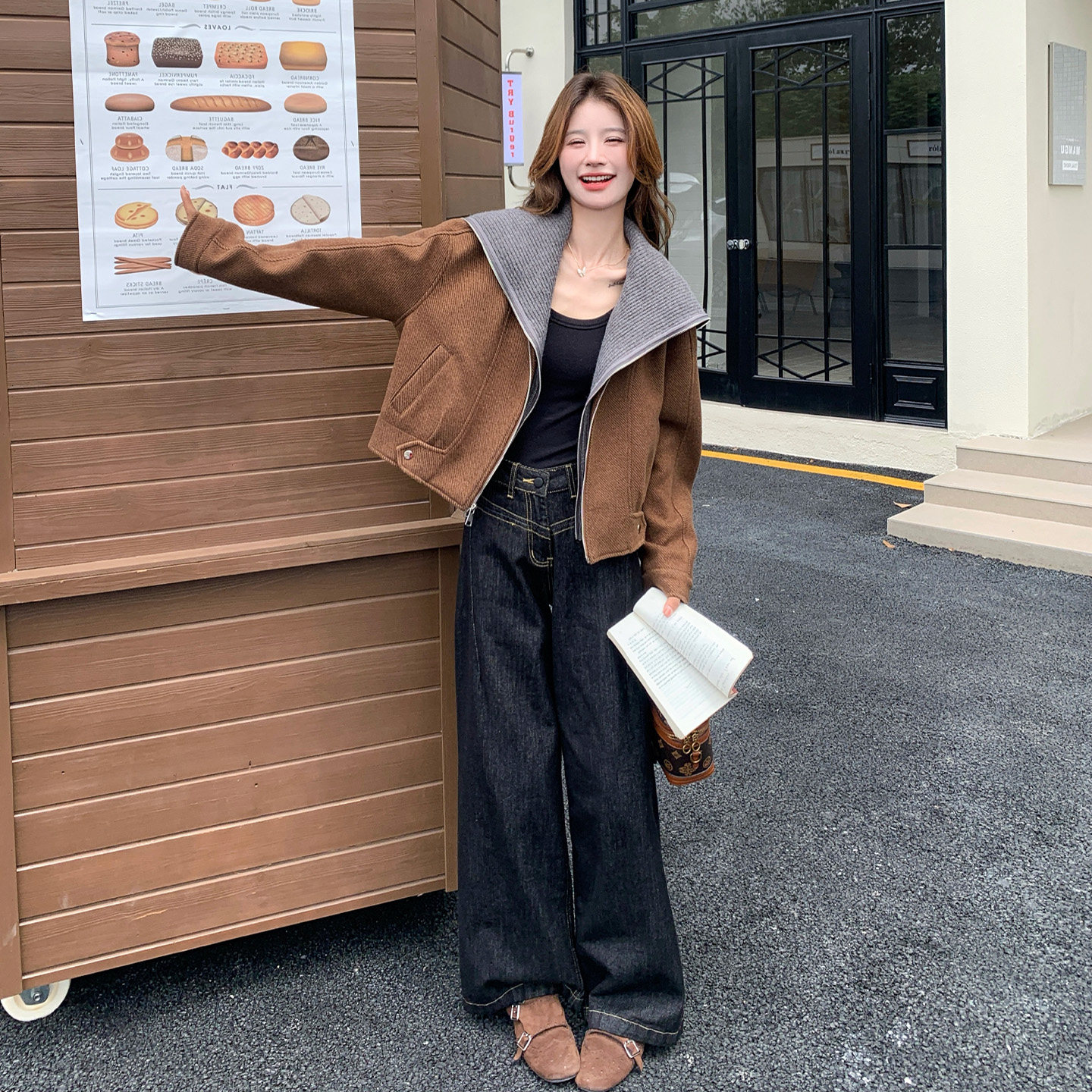 复古休闲风麂皮绒短外套女秋冬