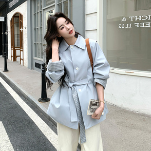 浅蓝色韩系通勤时尚小个子风衣外套女2026春新款格纹拼接收腰上衣