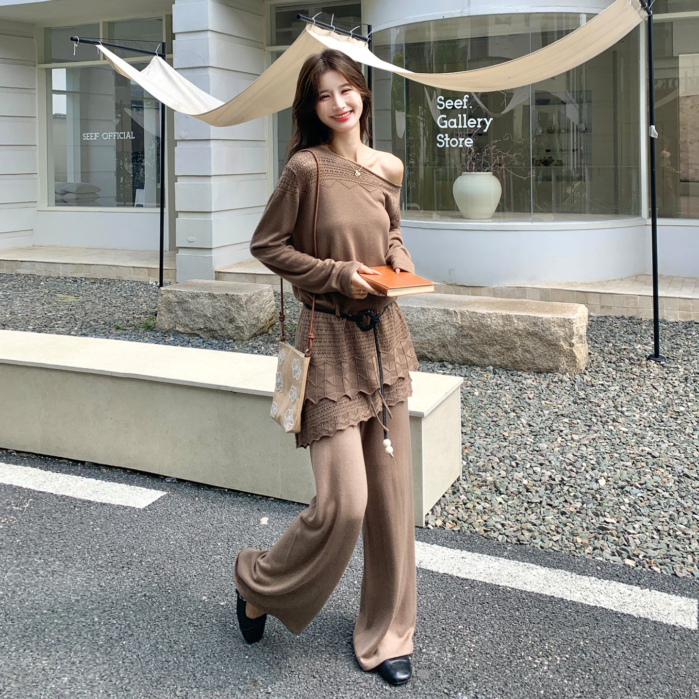 秋日慵懒风咖色阔腿裤两件套女
