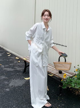 白色高级感老钱风套装女夏2026新款长袖衬衣蕾丝马甲阔腿裤两件套
