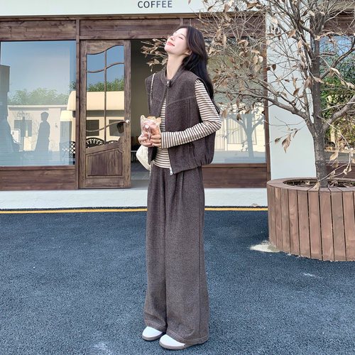 工装马甲阔腿裤三件套女春秋