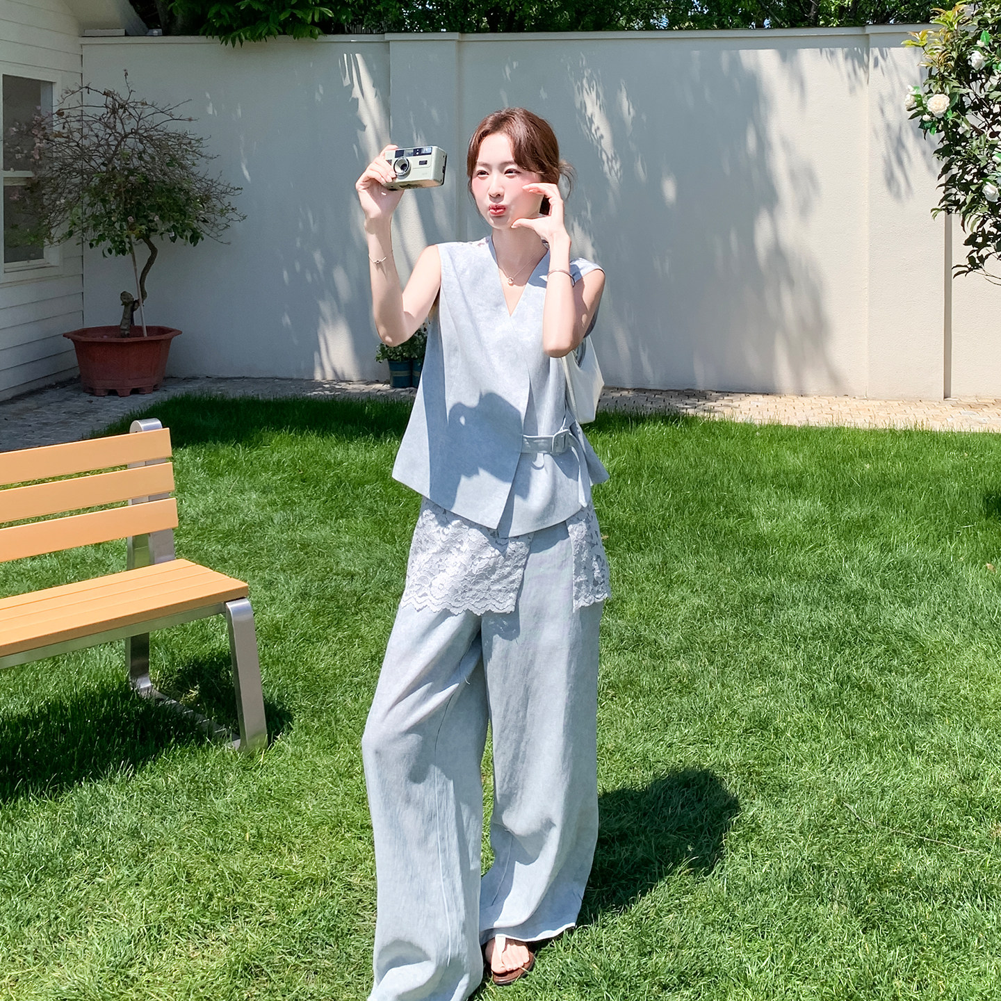 法式浪漫小心机蕾丝拼接马甲套装女2026新款夏日高腰阔腿裤两件套