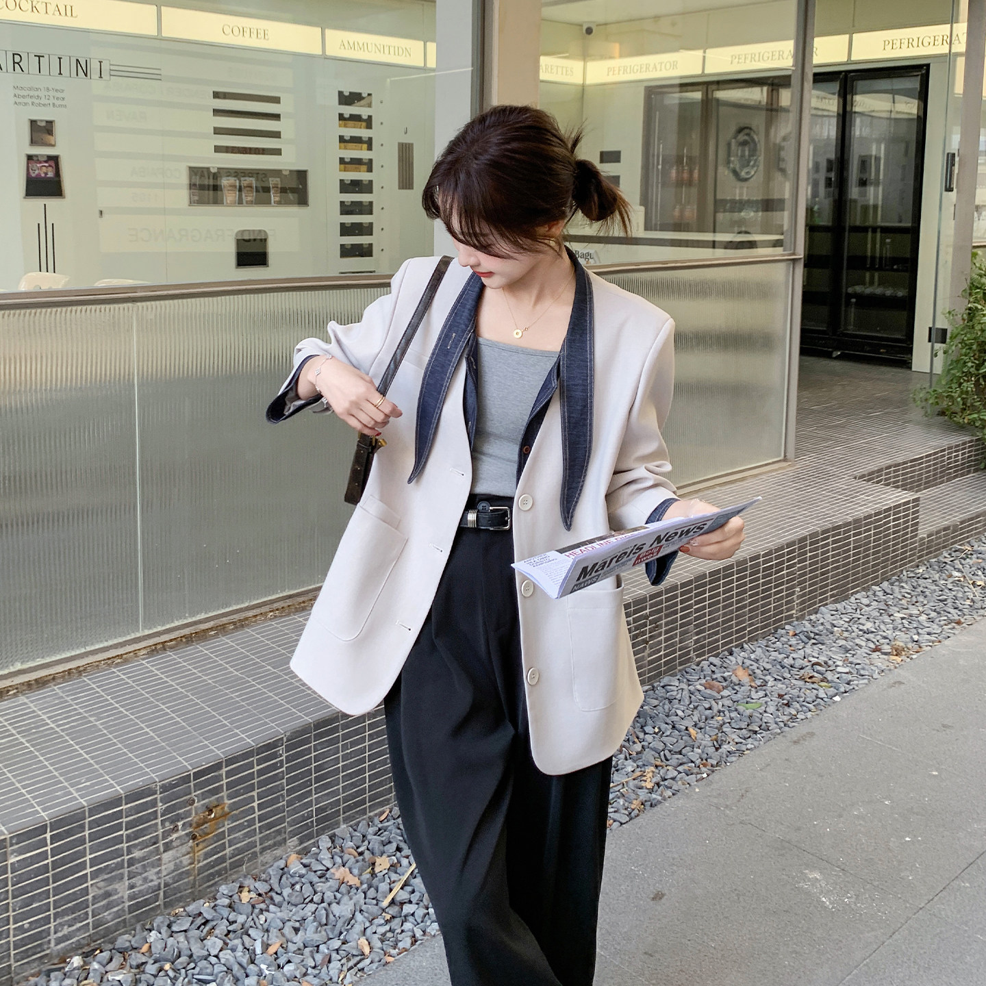 韩系假两件牛仔拼接西装外套女2026春新款小众设计感时尚休闲西服