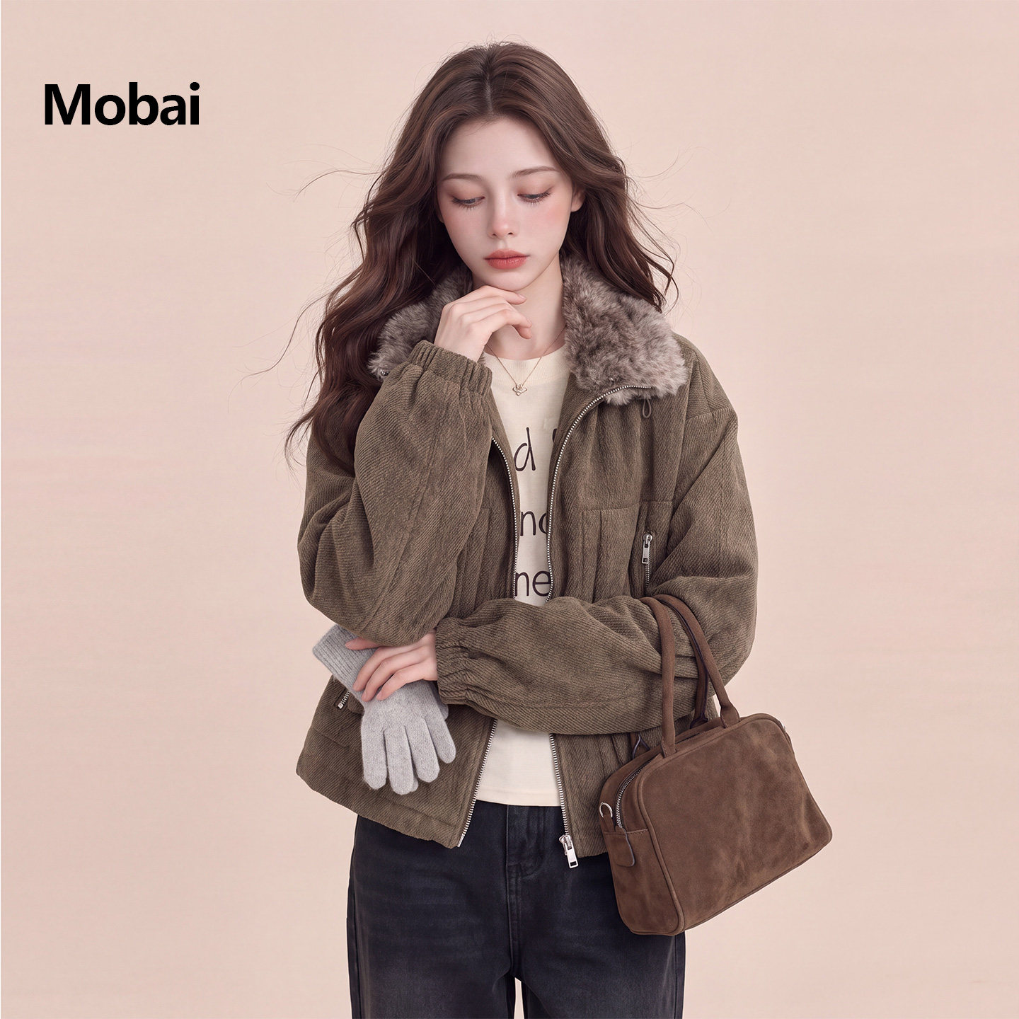 Mobai 美式复古chic工装派克服女2026冬季新款羊羔毛翻领加厚外套
