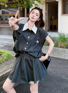 灰色复古慵懒风韩式休闲套装2026新款撞色条纹拼接衬衫裙裤两件套