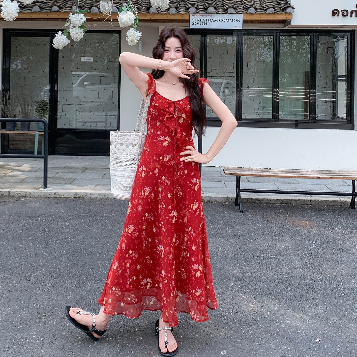 夏日绝美红色氛围感碎花吊带连衣裙套装女2026新款针织开衫两件套