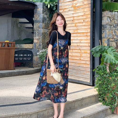 夏新款撞色油画碎花连衣裙套装