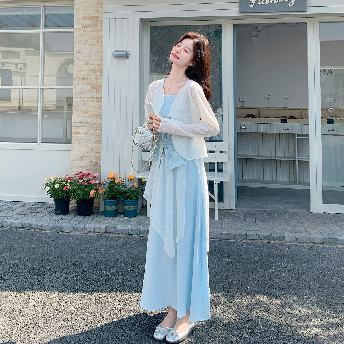 蓝色清冷纯欲风穿搭女夏日开衫晕染风吊带不规则半身裙三件套2026