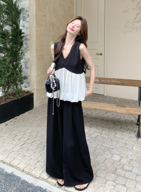 黑色法式优雅款两件套女2026夏新款撞色花苞拼接V领背心长裤套装