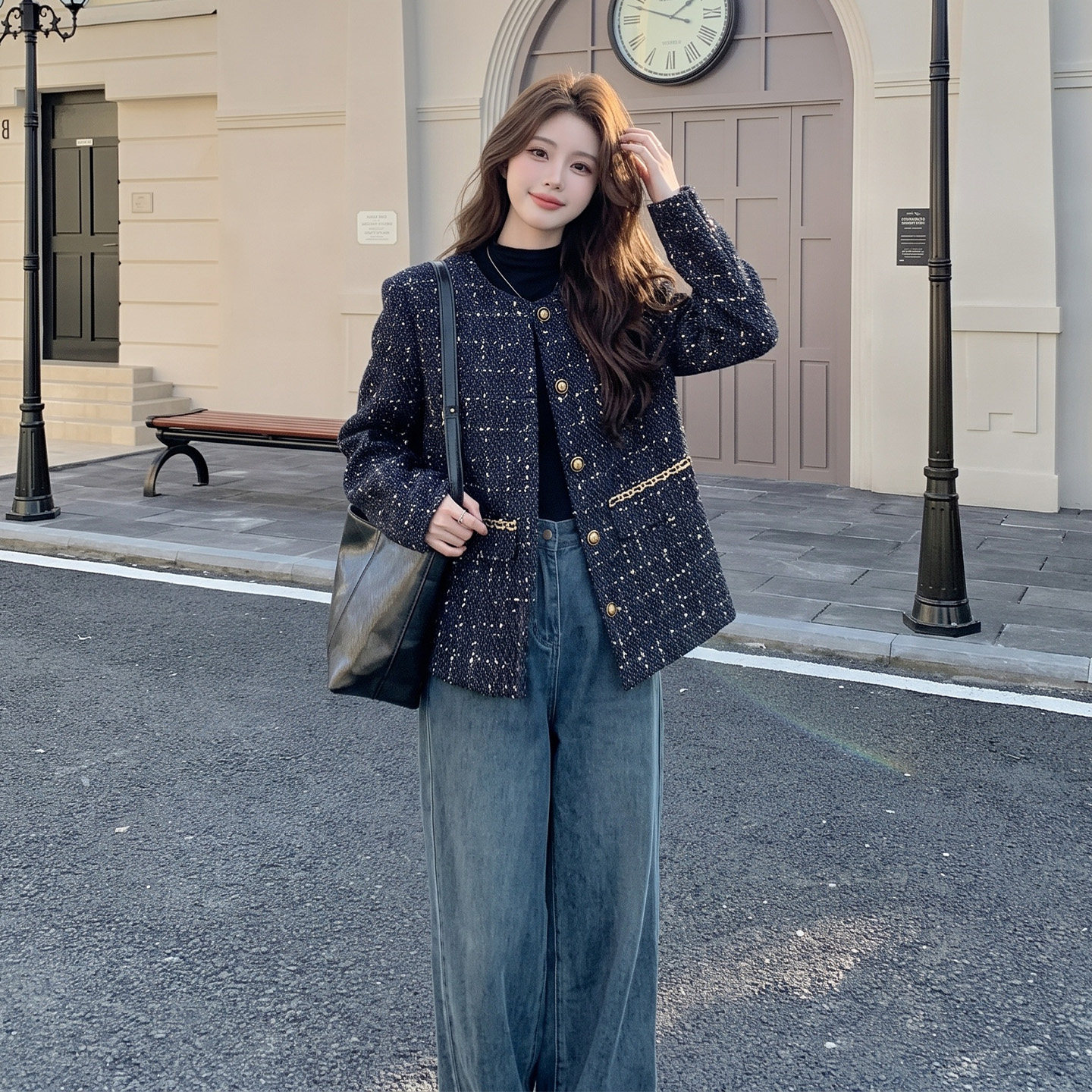 藏青色小香风粗花呢短外套女