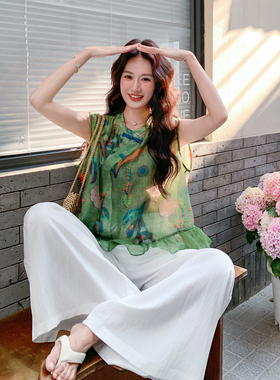 绿色文艺气质新中式套装女2026夏新款撞色印花盘扣上衣裙裤两件套