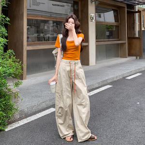 夏工装风短袖阔腿裤两件套女