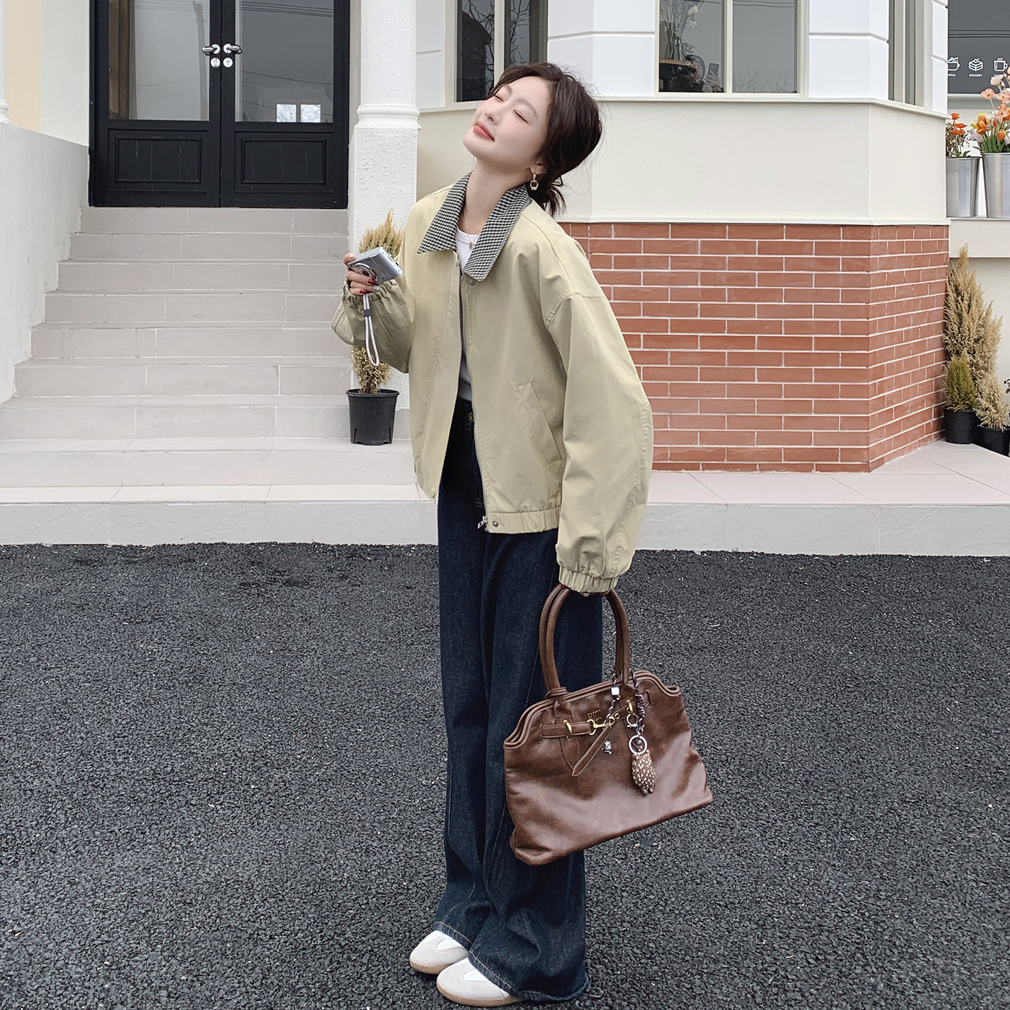 卡其色格子翻领短外套女小个子2026春季新款韩版宽松休闲甜酷夹克