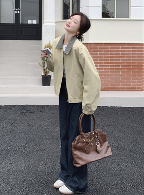 卡其色格子翻领短外套女小个子2026春季新款韩版宽松休闲甜酷夹克
