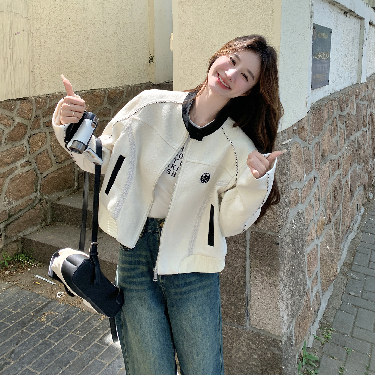 米白色通勤百搭学院风外套女2026春天新款韩系休闲小个子撞色上衣