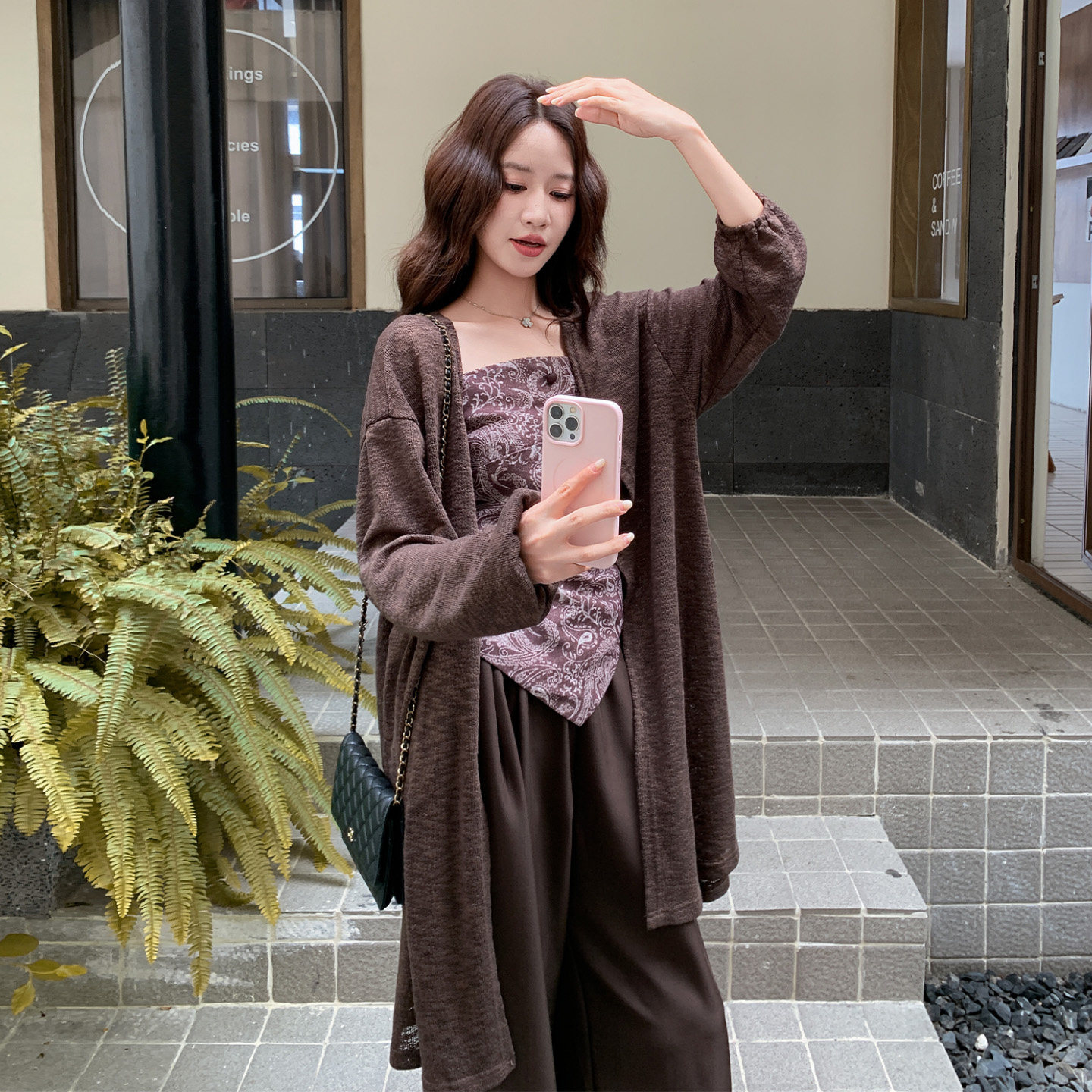 慵懒风针织开衫吊带裤三件套