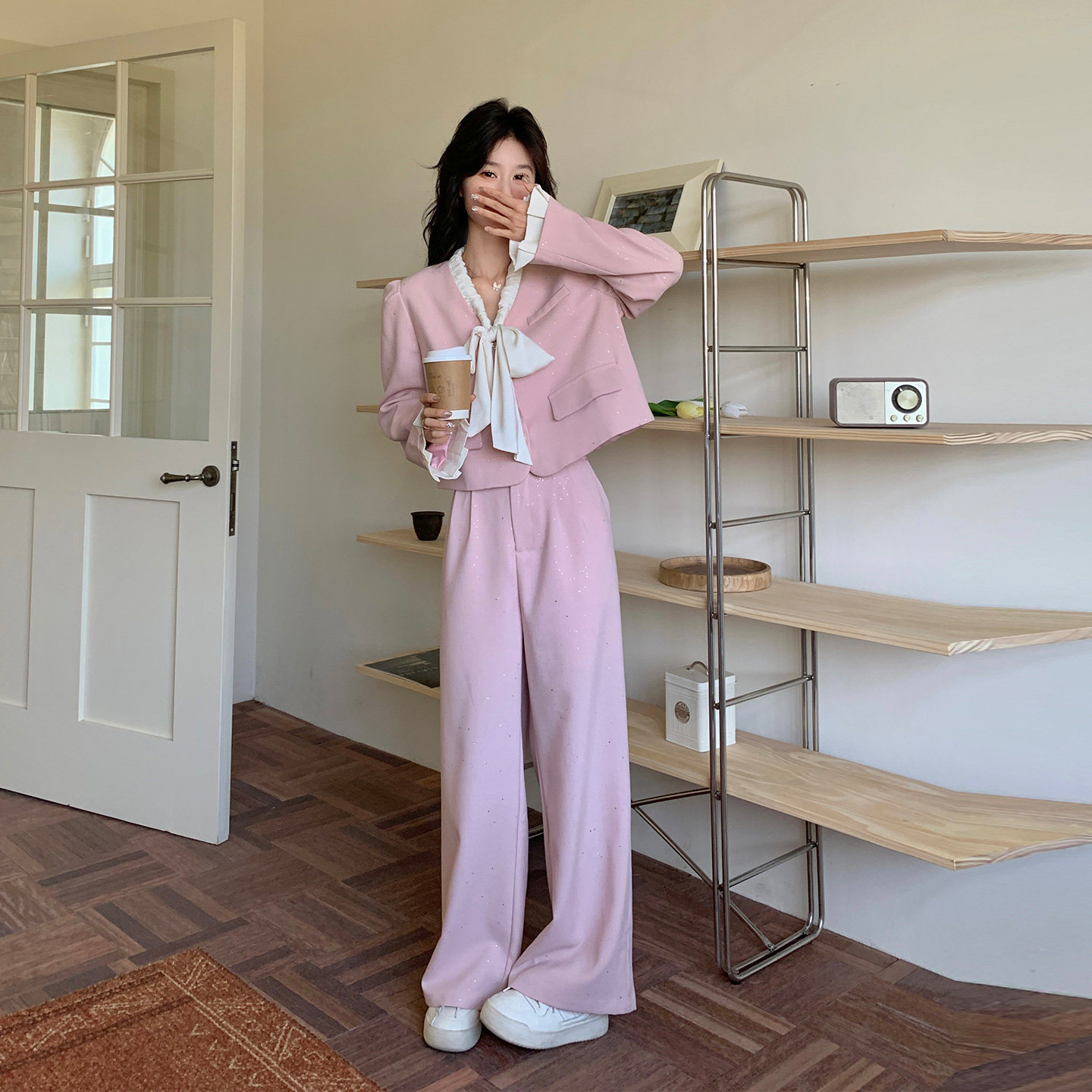 粉色甜美少女感细闪西装套装2026秋新款撞色织带上衣阔腿裤两件套