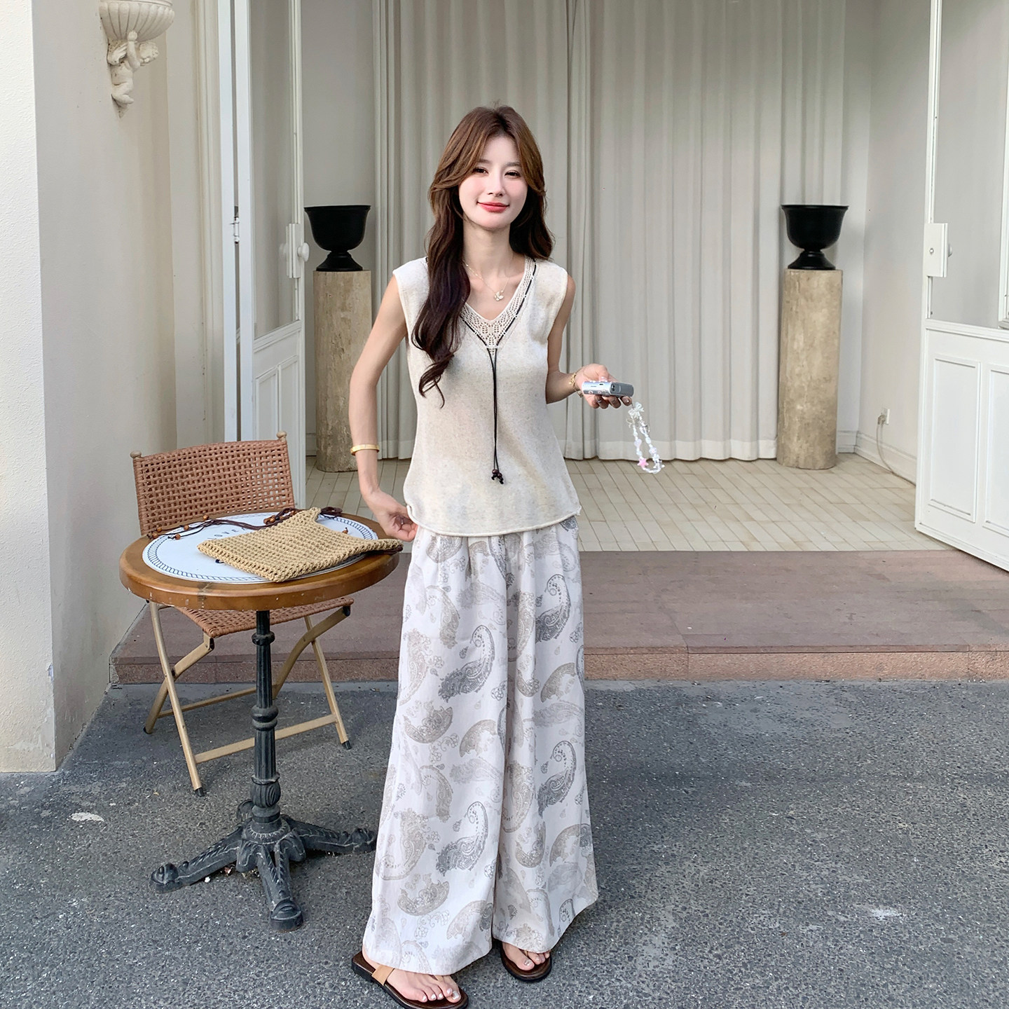 法式休闲时尚老钱风套装女2026夏天新款针织背心印花阔腿裤两件套