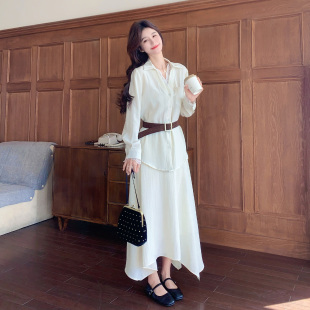 米白色法式温柔慵懒风套装女2026春新款蕾丝拼接衬衫半身裙两件套