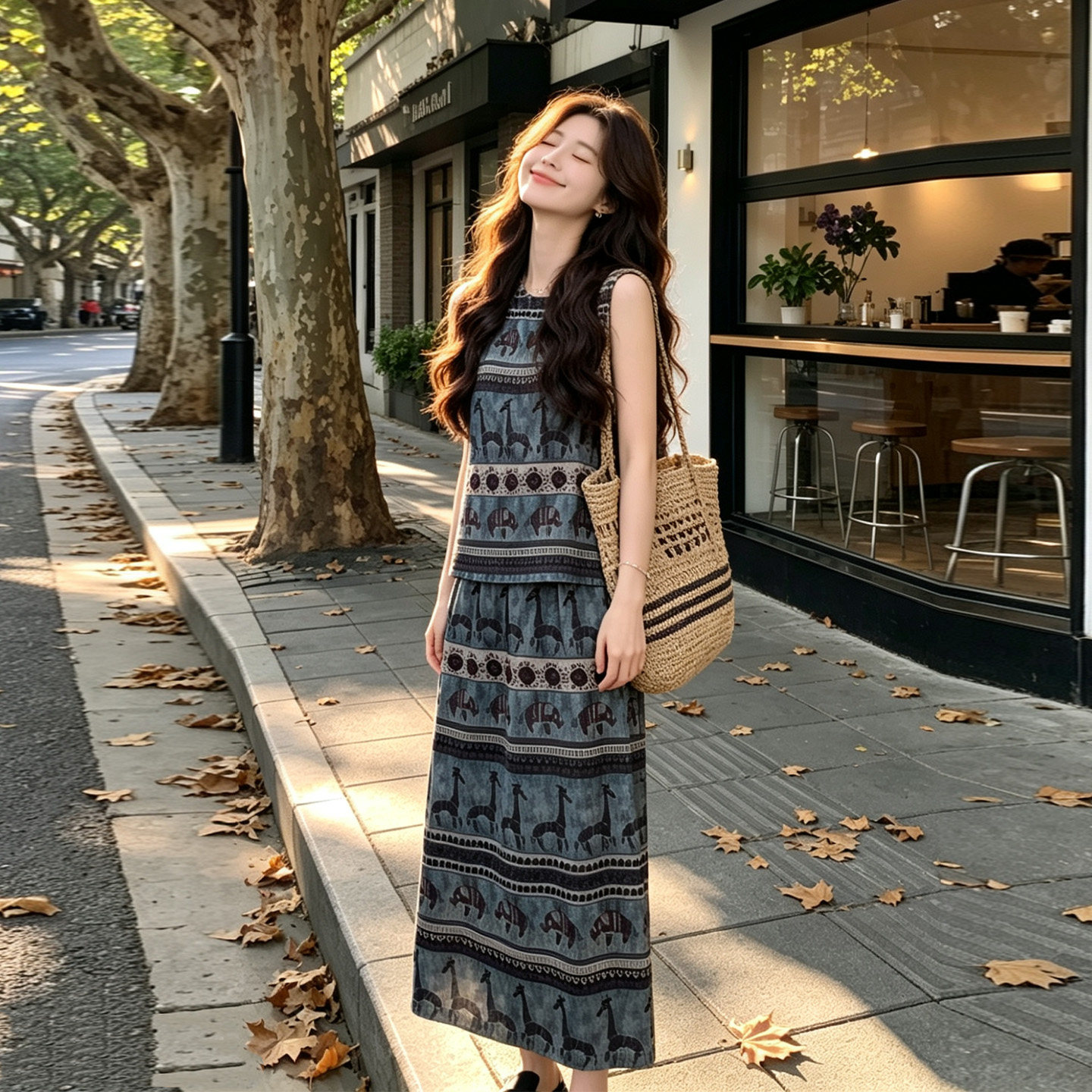 波西米亚风印花背心半身裙两件