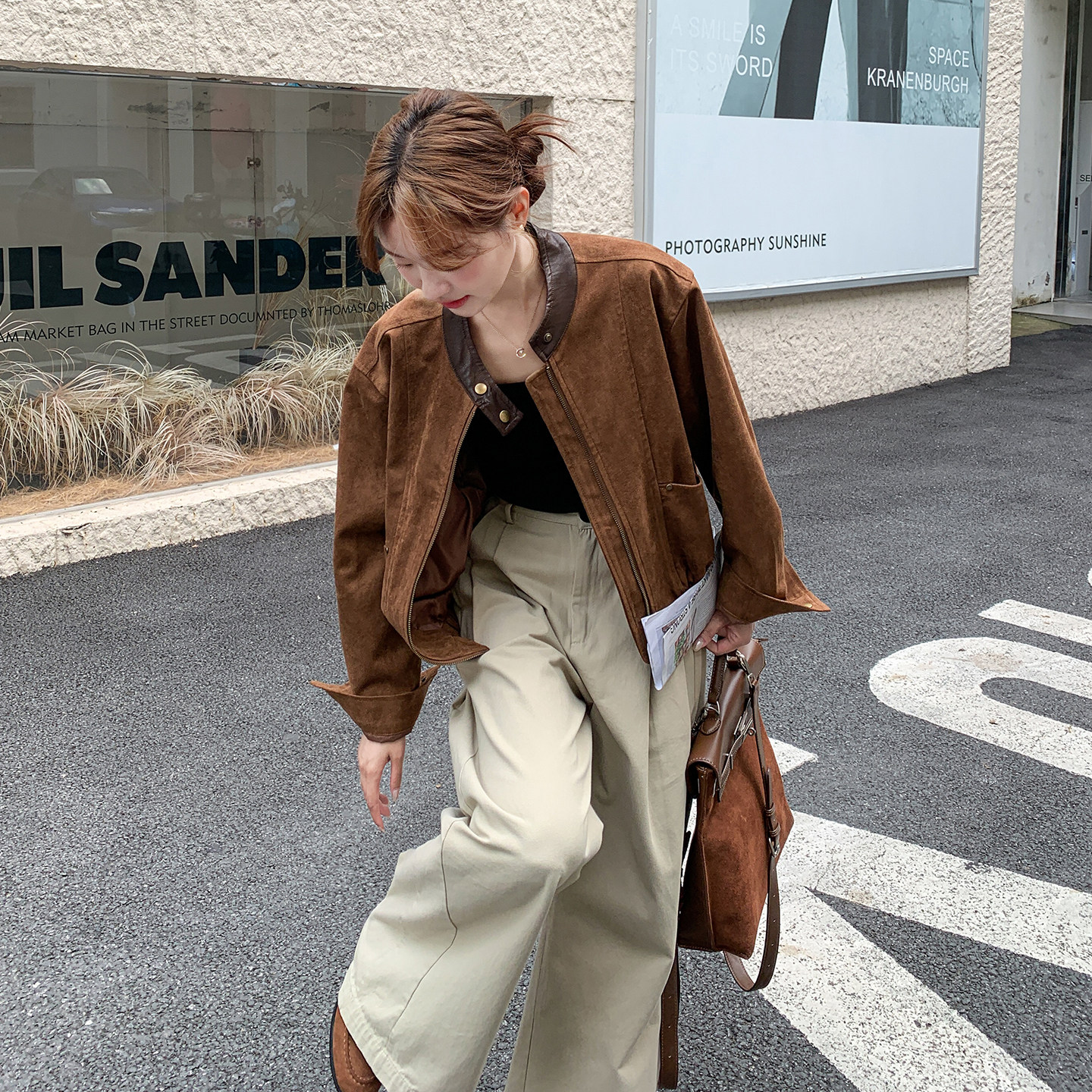 咖色港风复古时髦洋气炸街麂皮绒外套女2026春季新款PU皮拼接夹克