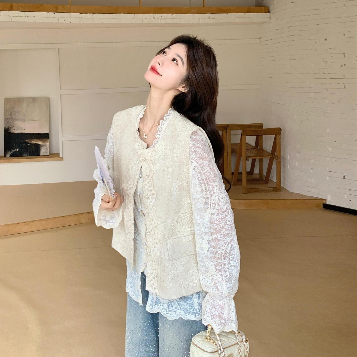 春季新中式蕾丝马甲女两件套