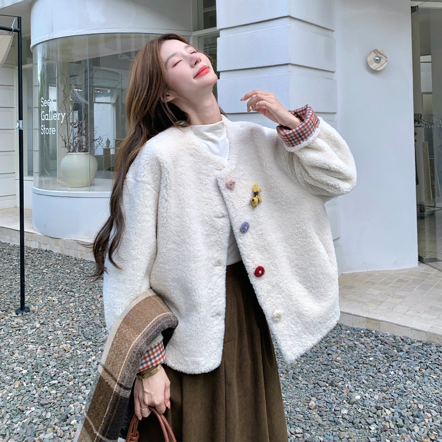 温柔慵懒风羊羔毛短外套女减龄